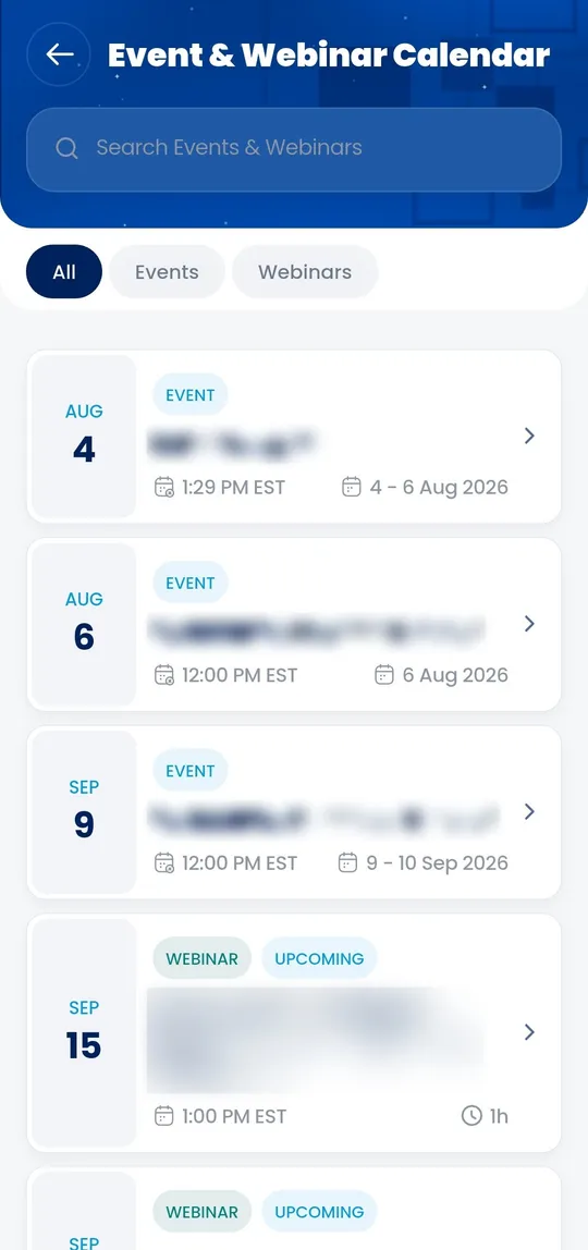 The event and webinar calendar, listing entries by date with times and formats
