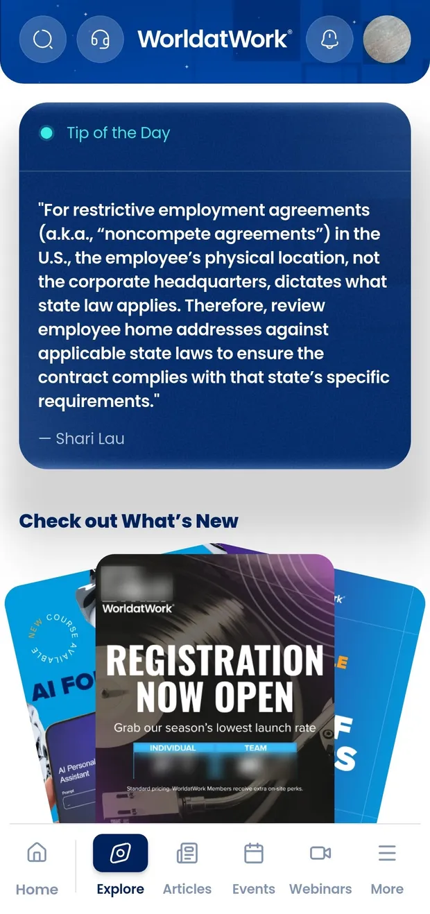The Explore tab, showing a tip of the day quote card above a carousel of new content