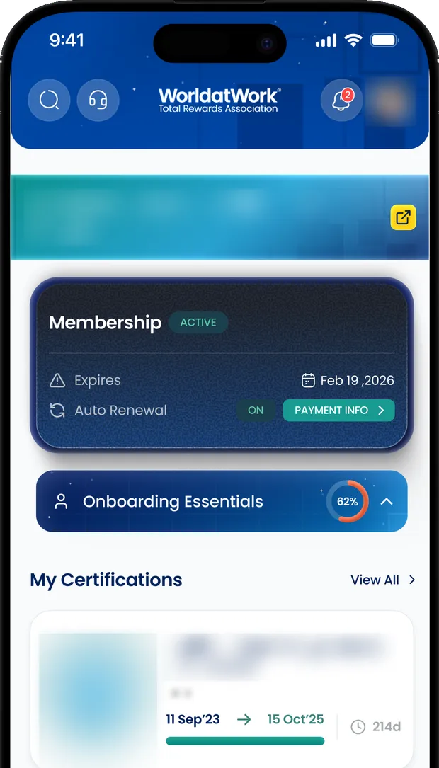 The app’s home tab, showing membership status with a renewal date, an onboarding progress ring, and an earned certification with its dates