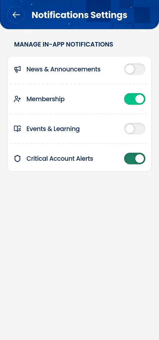 Notification settings, with separate toggles for news, membership, events and critical account alerts