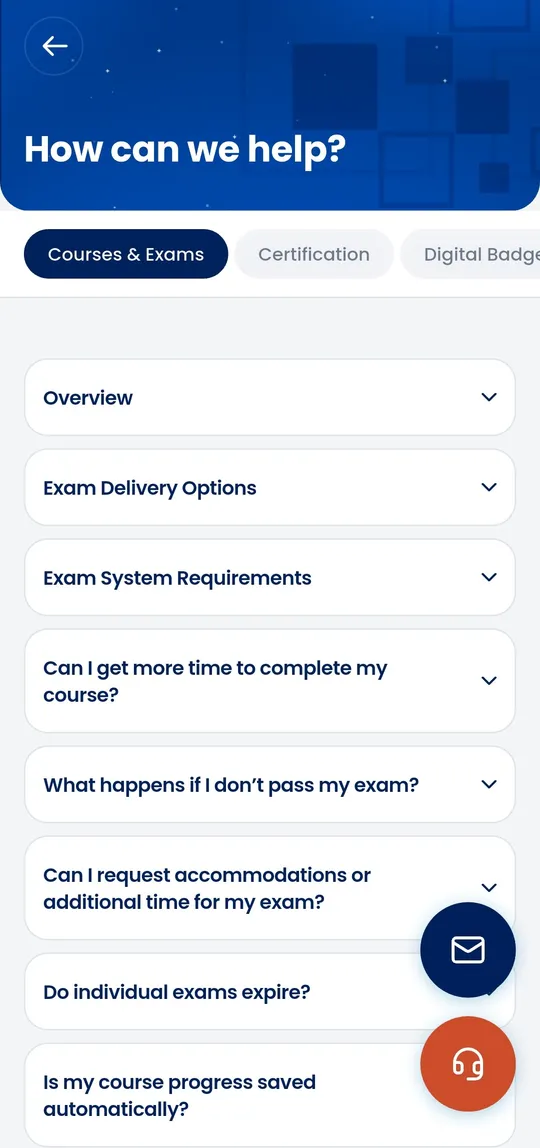 The in-app help screen, with course, exam and certification questions grouped into expandable sections