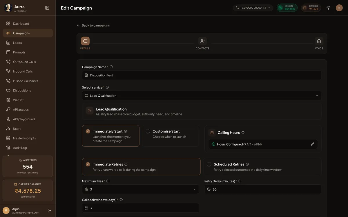 One campaign’s detail view with its call outcomes and progress