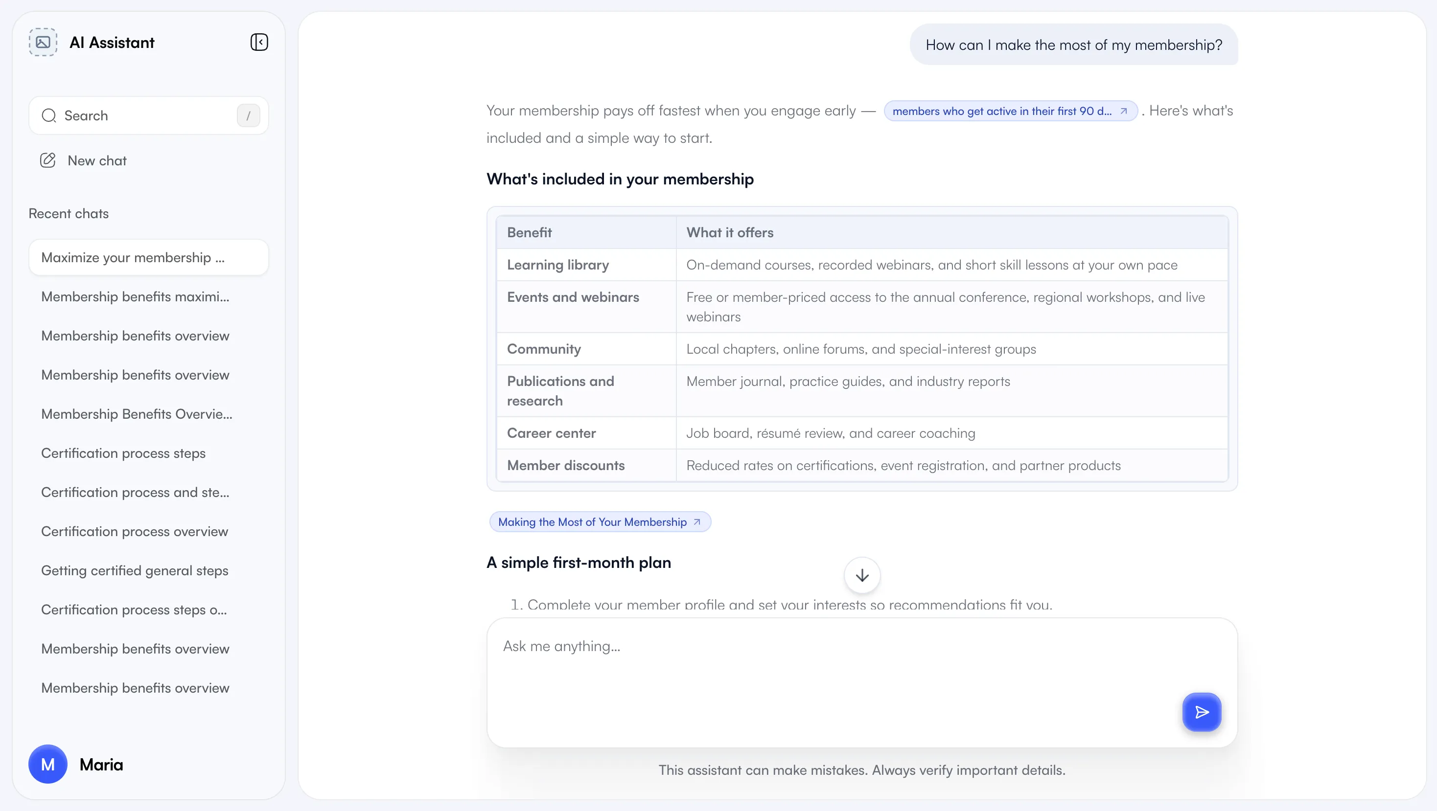 The assistant answering a member asking how to make the most of their membership: a table of what the membership includes, citation chips linking back to the association's own pages, and a first-month plan