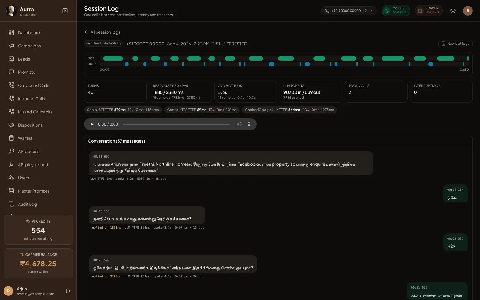 A session log for one call, showing a bot and user speaking timeline, 40 turns, response time percentiles, token counts, and a bilingual transcript with per-turn latency under each line